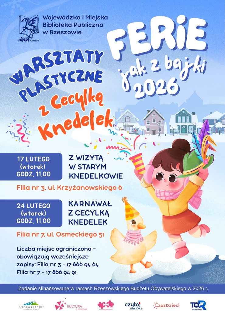 Dziewczynka z&nbsp;kapeluszem w&nbsp;ręku, r&oacute;żowym szaliku i&nbsp;nausznikach. Obok kaczka w&nbsp;czapeczce i&nbsp;apaszce.