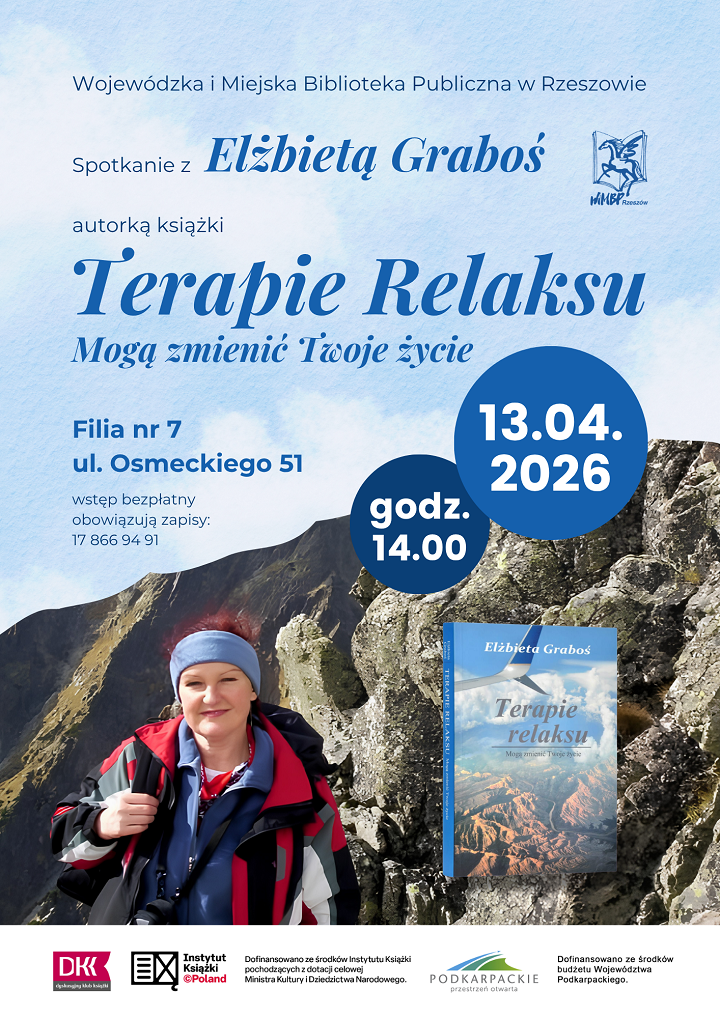 Plakat z&nbsp;książką oraz&nbsp;zdjęciem kobiety w&nbsp;średnim wieku wędrującej po g&oacute;rach