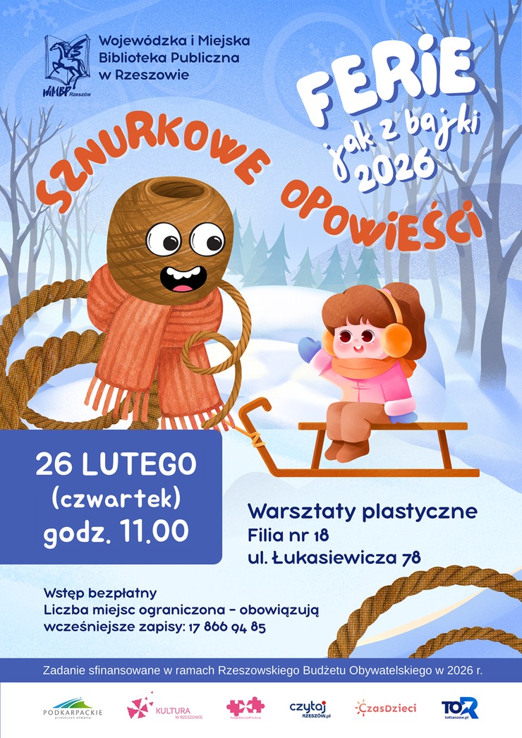 Ludzik z&nbsp;motka sznurka ciągnie sanki na&nbsp;kt&oacute;rych siedzi dziewczynka.