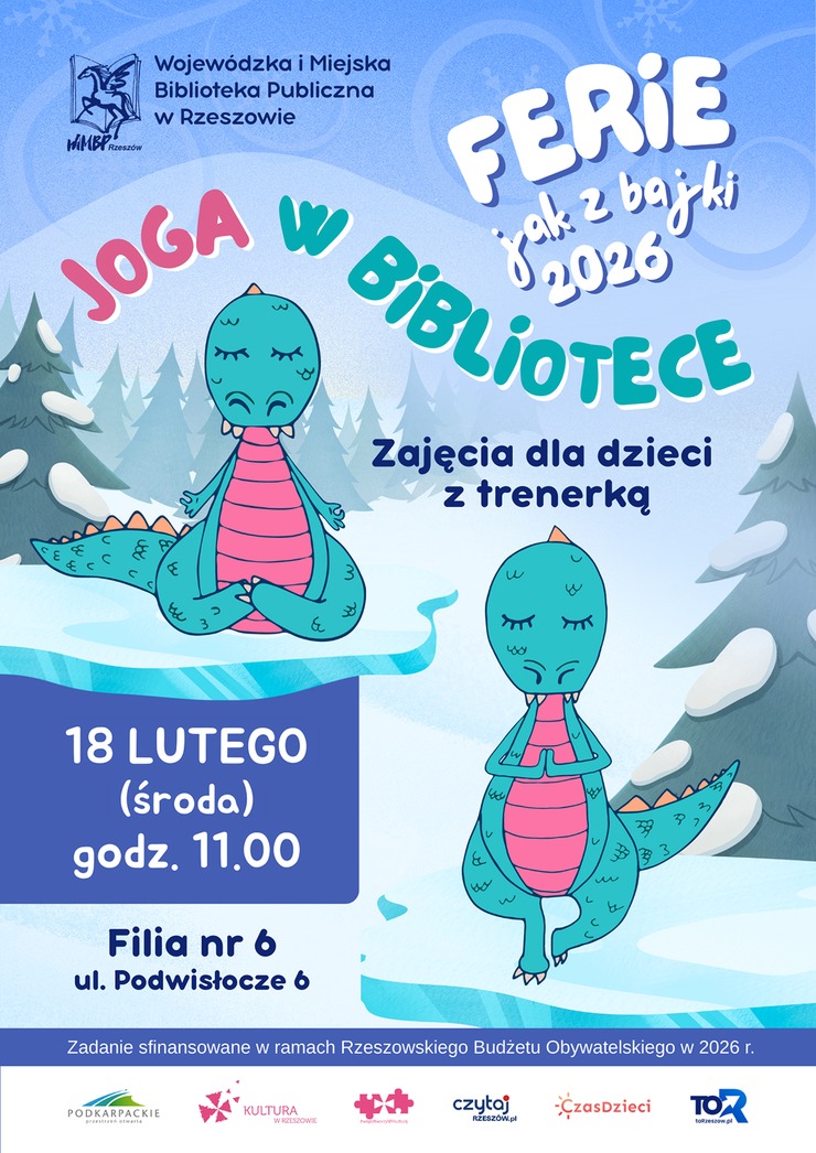 Dwa smoki ćwiczące jogę, wok&oacute;ł las zimą. 