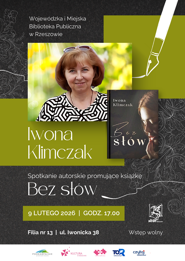 Plakat z&nbsp;okładką książki i&nbsp;uśmiechniętą kobietą w&nbsp;średnim wieku