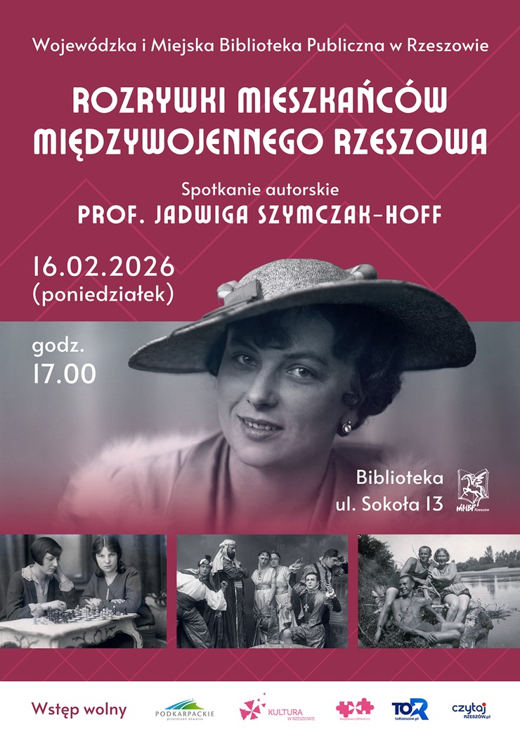 Czerno białe zdjęcie kobiety w&nbsp;kapeluszu, poniżej trzy inne fotografie 