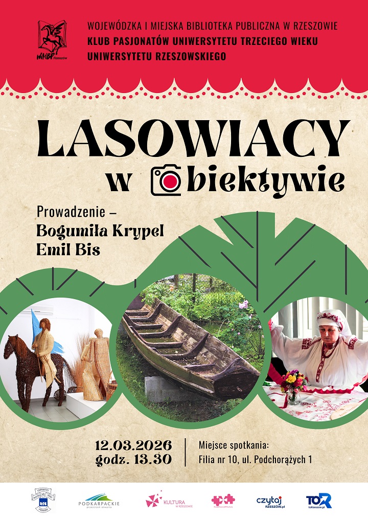 Grafika ze zdjęciami rzeźb z&nbsp;wikliny, łodzi oraz&nbsp;kobiety w&nbsp;stroju ludowym lasowiackim
