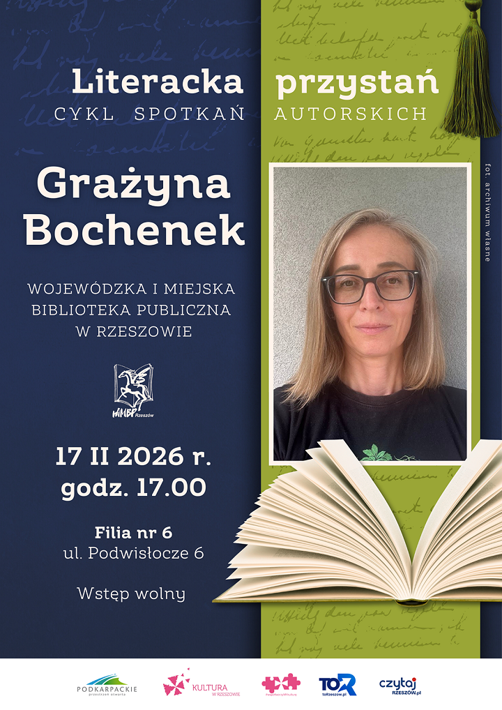 Plakat ze zdjęciem kobiety w&nbsp;średnim wieku, blondynki w&nbsp;okularach