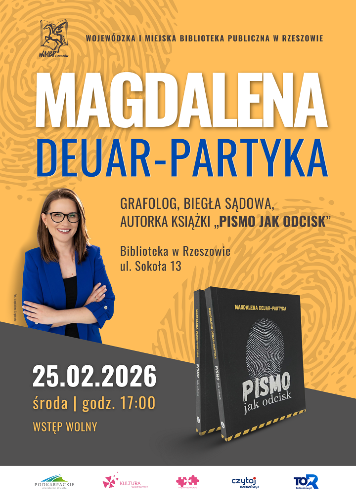 Plakat z&nbsp;okładką ksiązki oraz&nbsp;postacią autorki - młodej, uśmiechniętej kobiety w&nbsp;okularach