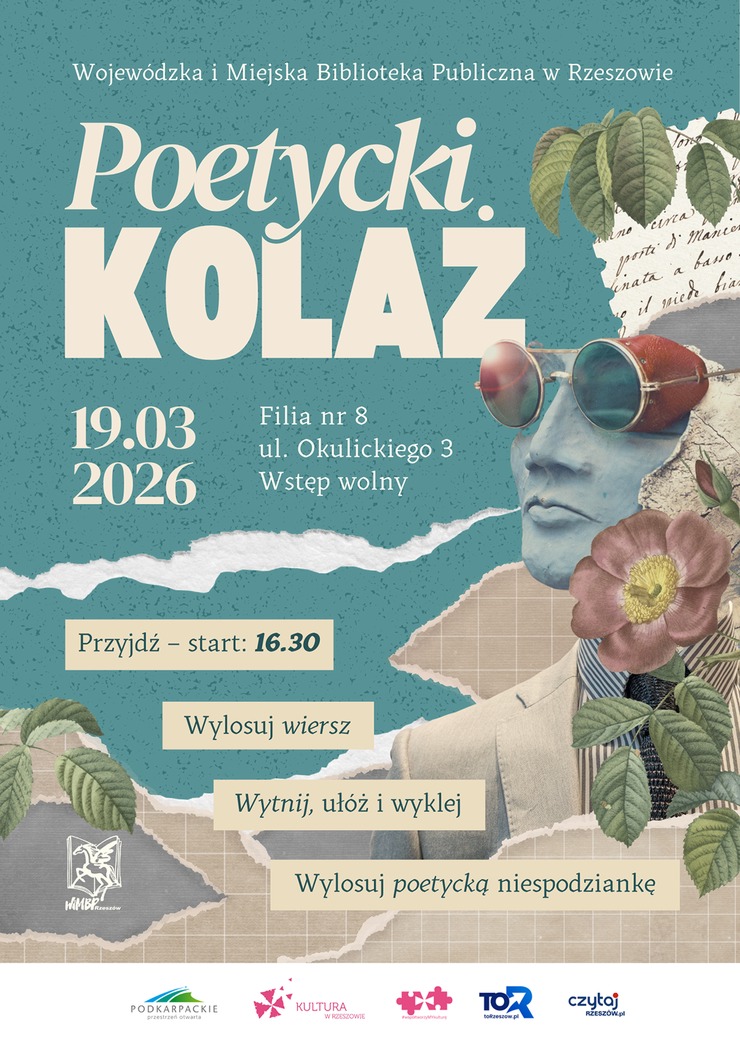 Kolaż : twarz w&nbsp;okularach, kwiaty, kartki papieru, 