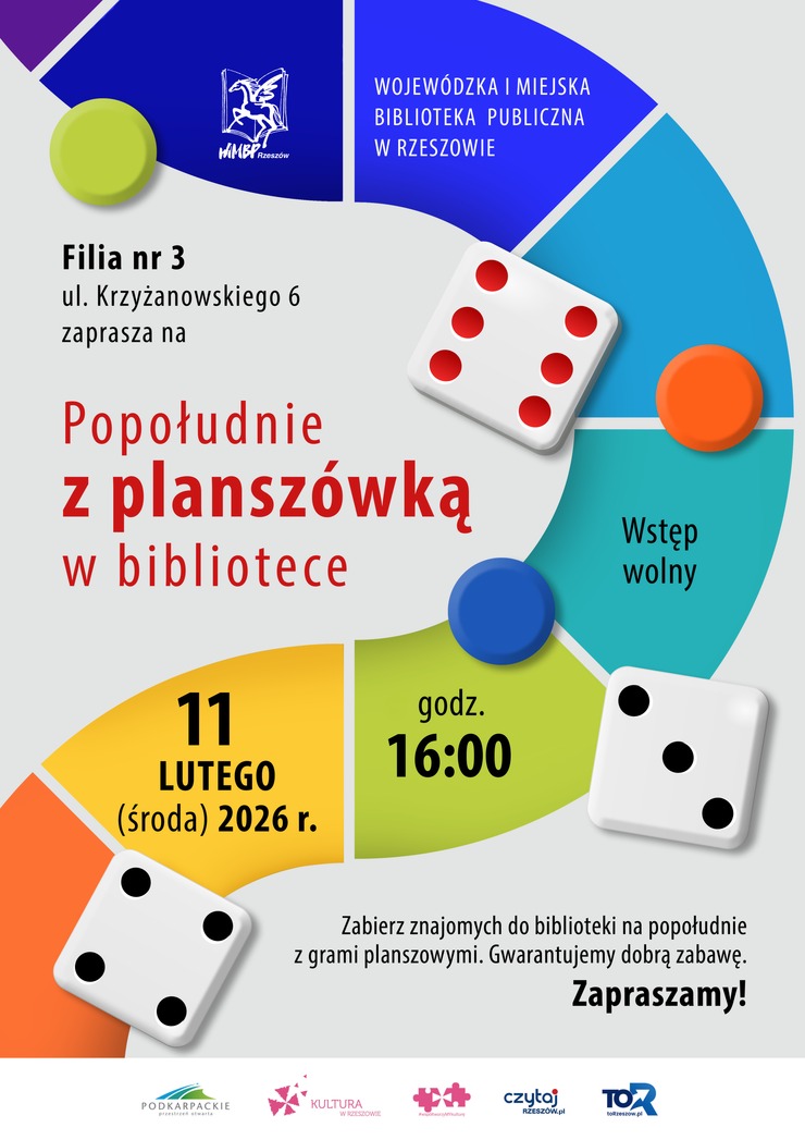 Grafika z&nbsp;planszą do gry, kostkami i&nbsp;pionkami.