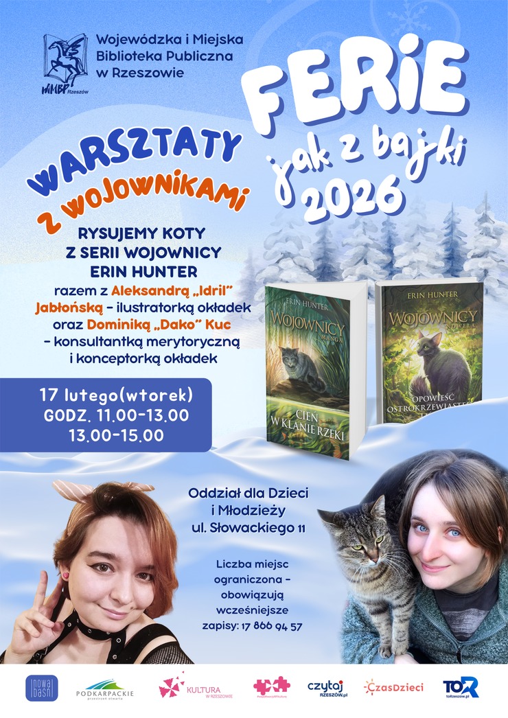 Dwie kobiety, jedna z&nbsp;kotem na&nbsp;ramieniu, druga z&nbsp;opaską na&nbsp;włosach. Powyżej książki, na&nbsp;okładkach kt&oacute;rych znajdują się wizerunki kot&oacute;w. 