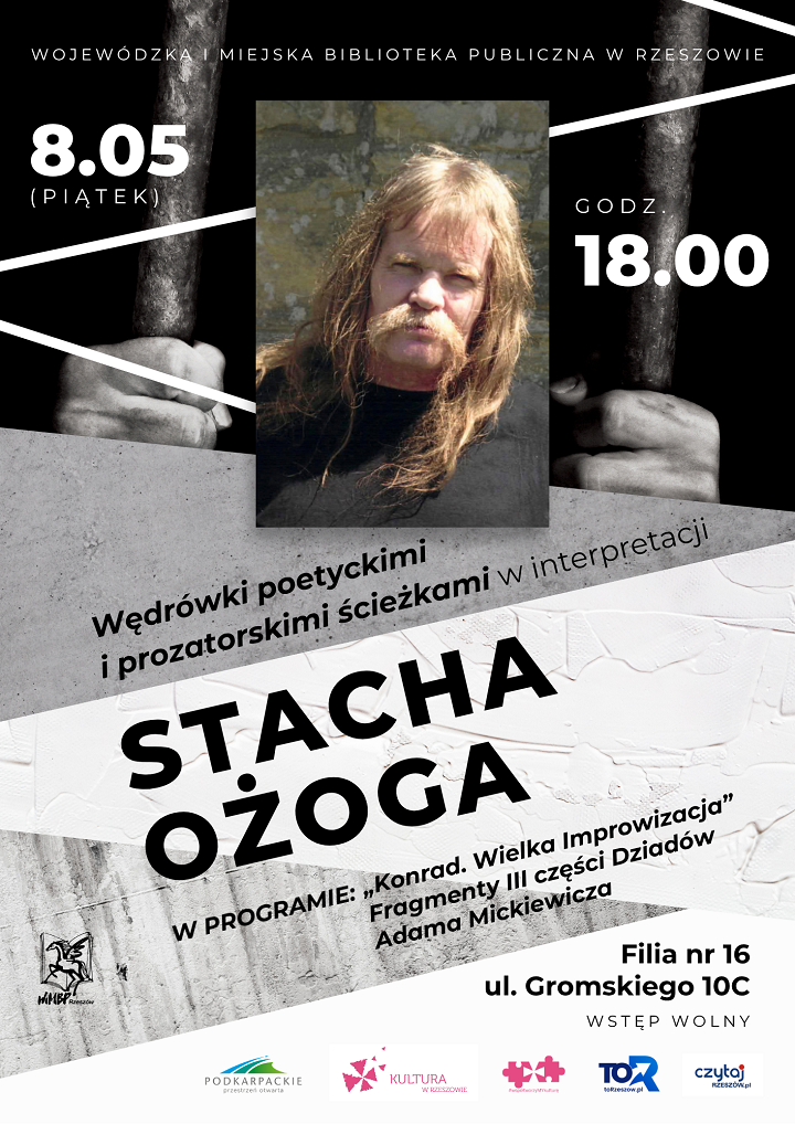 Plakat ze zdjęciem starszego mężczyzny z&nbsp;długimi włosami i&nbsp;wąsami