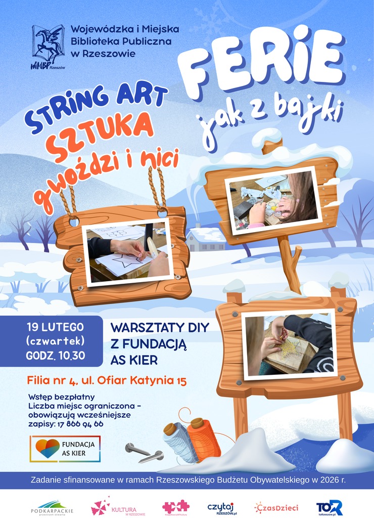 Na tabliczkach zdjęcia przedstawiające wykonanie gwiazdki i&nbsp;kwiatka w&nbsp;technice string art. W tle zimowy krajobraz.