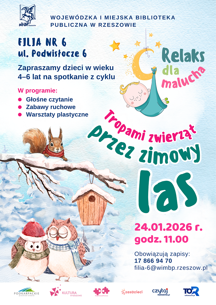 Zimowy krajobraz, niemowlę w&nbsp;chuście, sowy, wiewi&oacute;rka.  