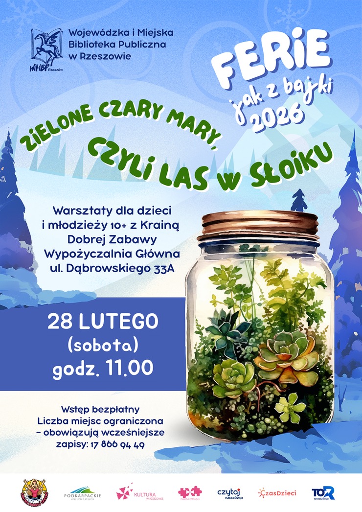 Rośliny w&nbsp;słoiku. W tle zimowy krajobraz. 