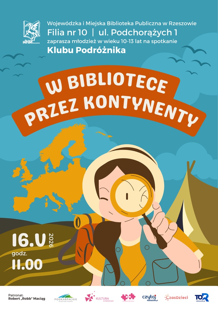 Plakat z&nbsp;postacią dziewczynki z&nbsp;plecakiem i&nbsp;lupą, za nią w&nbsp;tle namiot