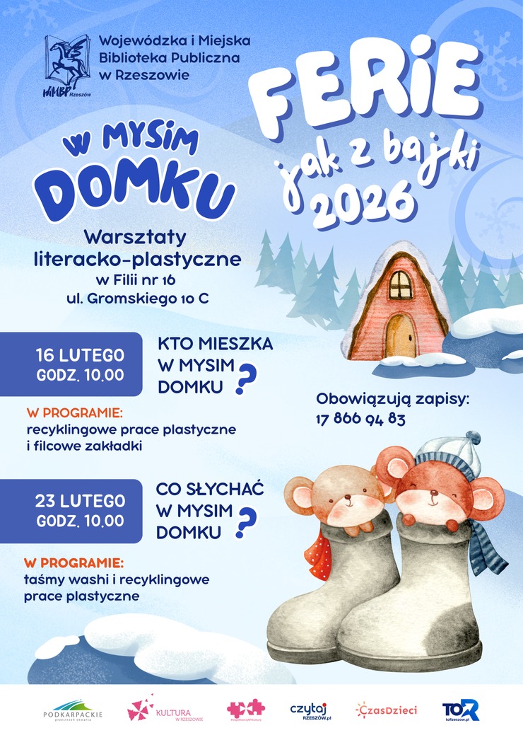 Dwie myszki siedzące w&nbsp;butach. Wok&oacute;ł śnieg, powyżej zaśnieżony domek.