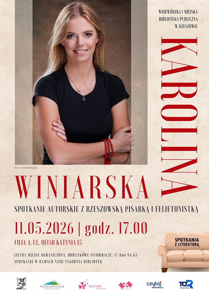 Na plakacie fotografia portretowa blondynki. 