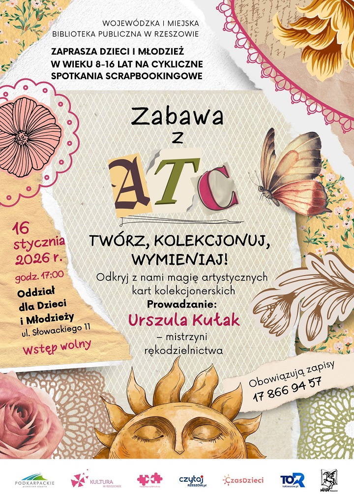 Plakat z&nbsp;elementami wycink&oacute;w grafik metodą scrapbookingu. 