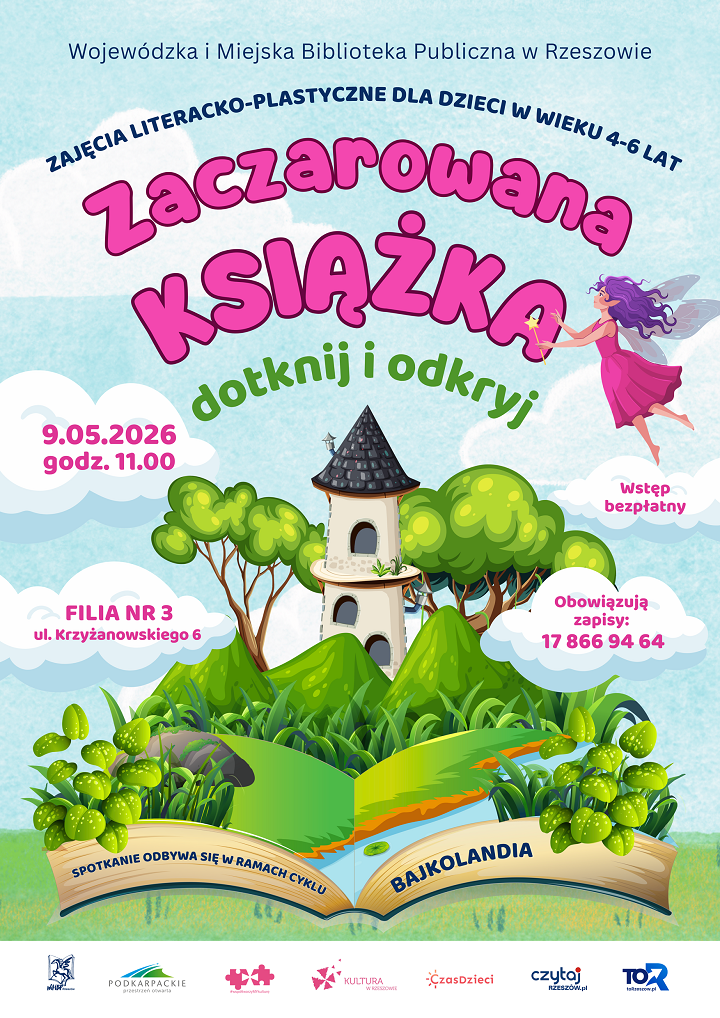 Plakat z&nbsp;grafiką zamku, książki i&nbsp;wr&oacute;żki