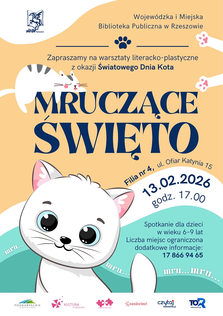 Plakat z&nbsp;rysunkami białych kot&oacute;w