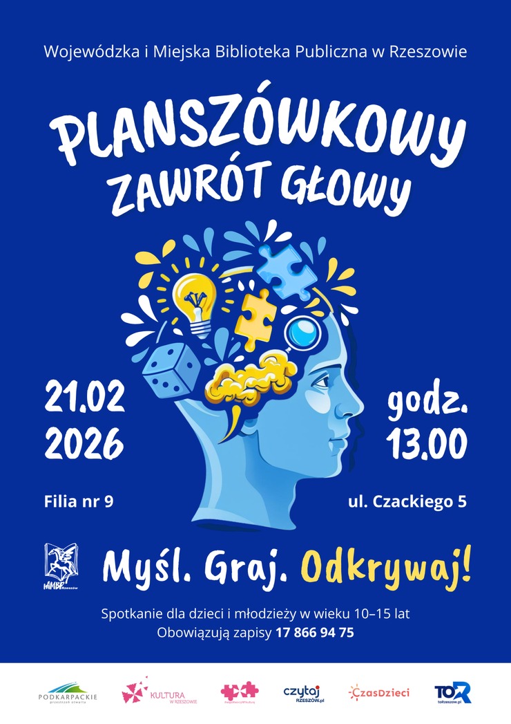 Rysunek głowy, w&nbsp;tylnej części głowy żar&oacute;wka, kostka do gry, puzzle, lupa