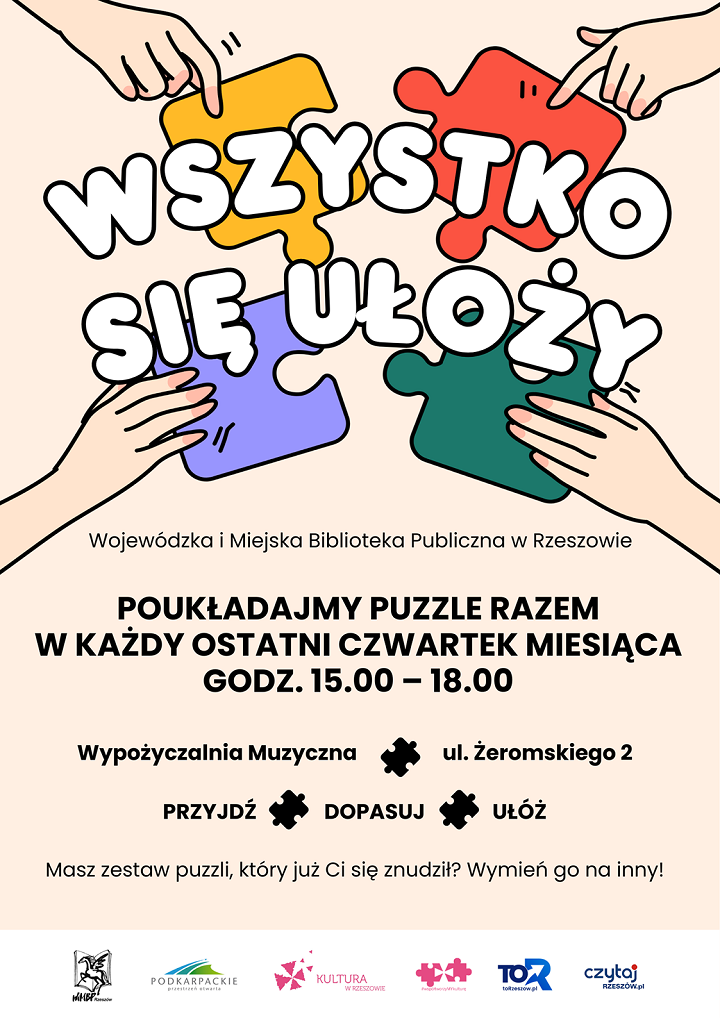 Cztery ręce trzymające cztery kolorowe puzzle