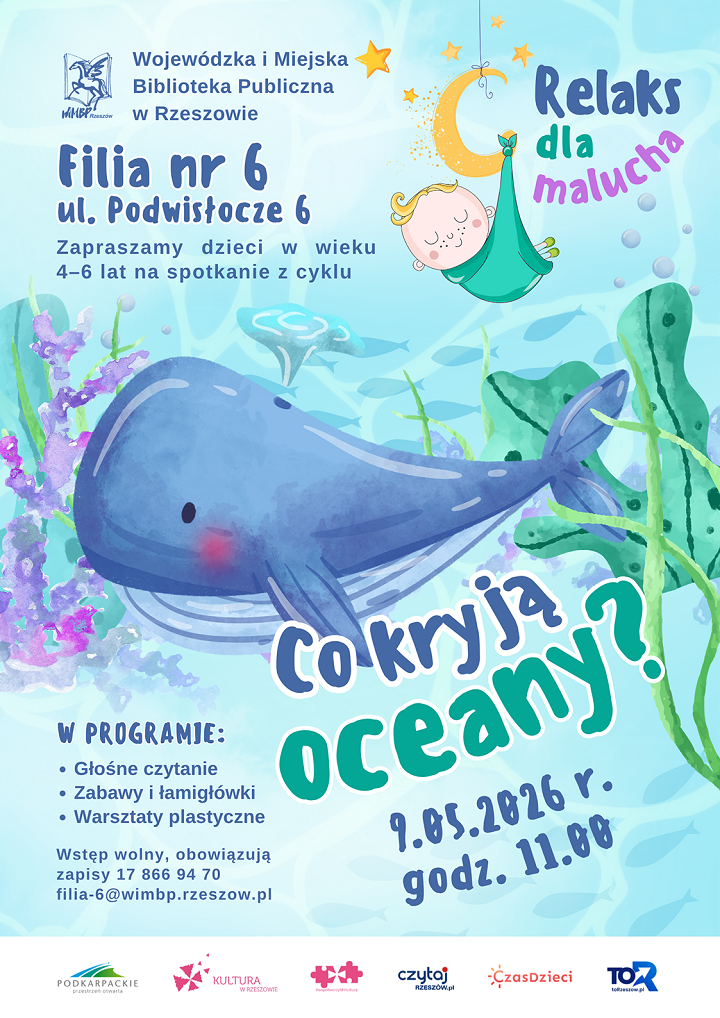 Na plakacie delfinek w&nbsp;oceanie. 