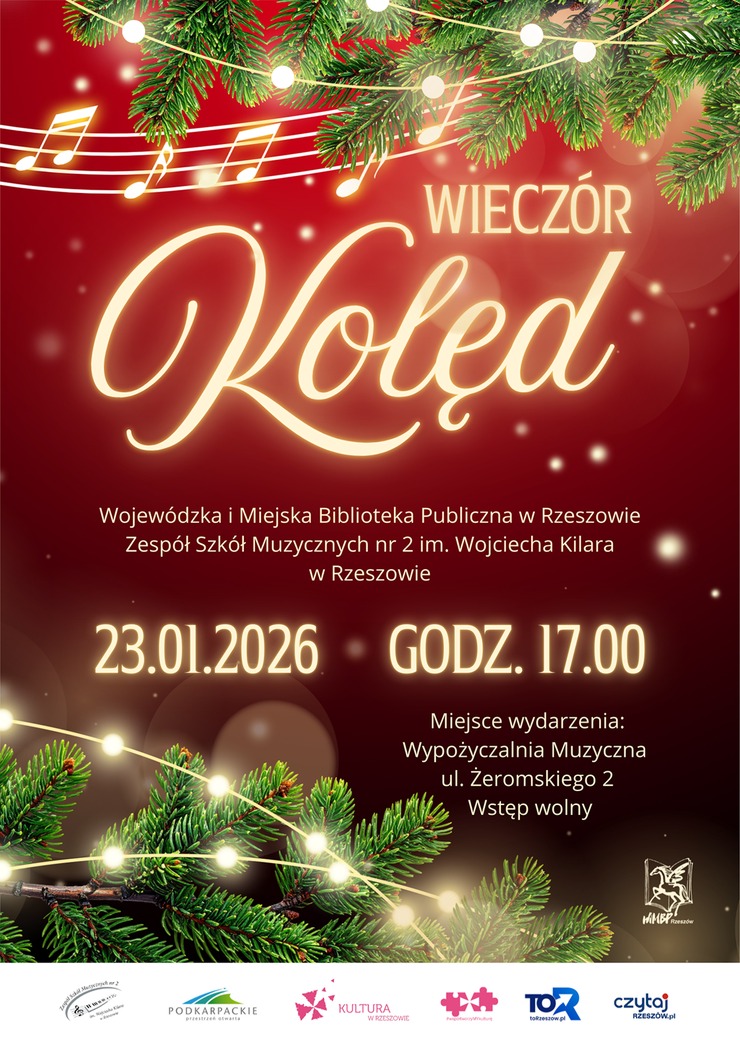 Gałązki choinkowe ze światełkami, pięciolinia z&nbsp;nutami.