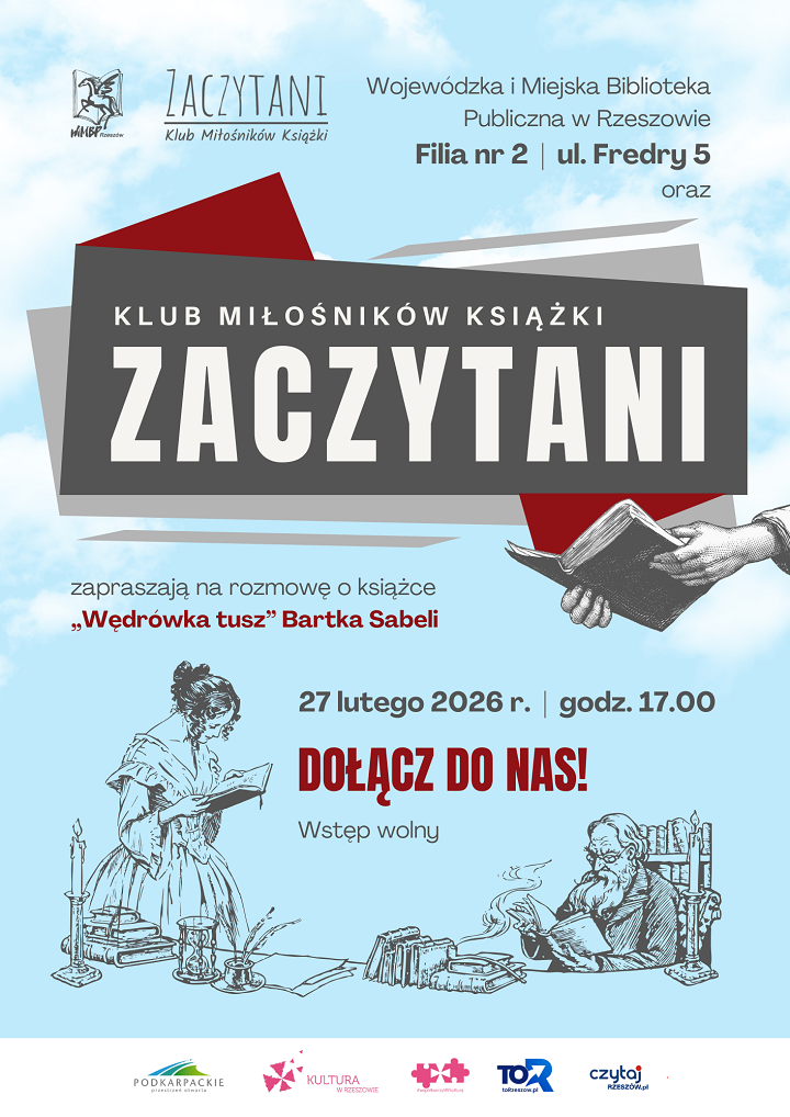 Plakat w&nbsp;stylu starej ryciny z&nbsp;mężczyzną i&nbsp;kobietą czytającymi książki